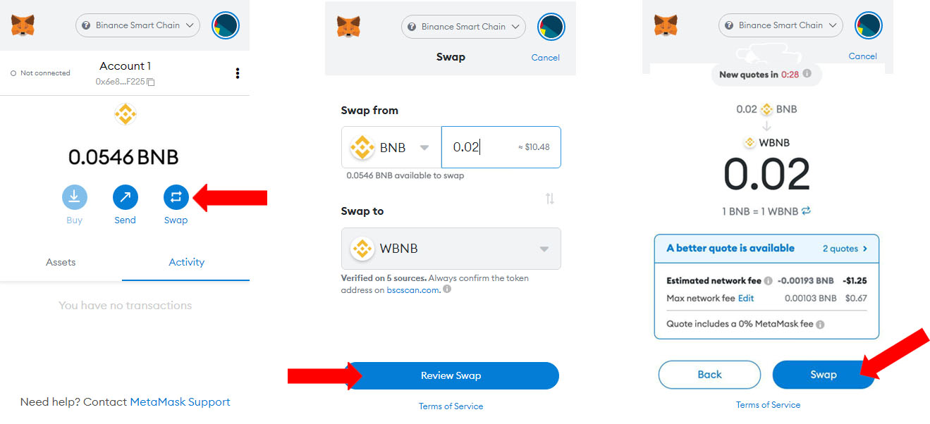 سواپ BNB به توکن WBNB